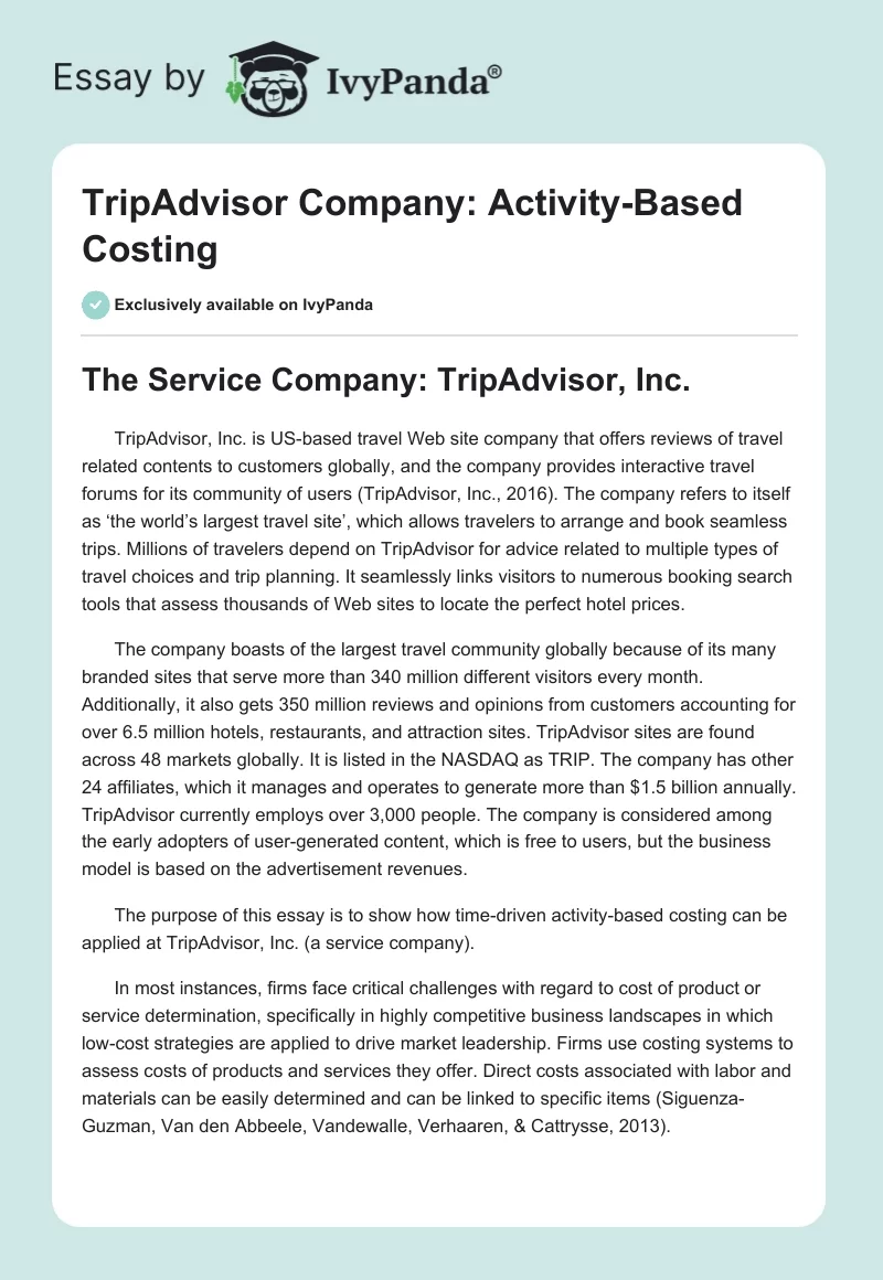 TripAdvisor Company: Activity-Based Costing. Page 1