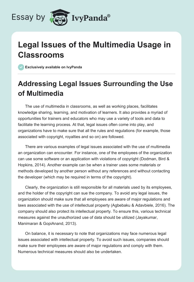 Legal Issues of the Multimedia Usage in Classrooms. Page 1