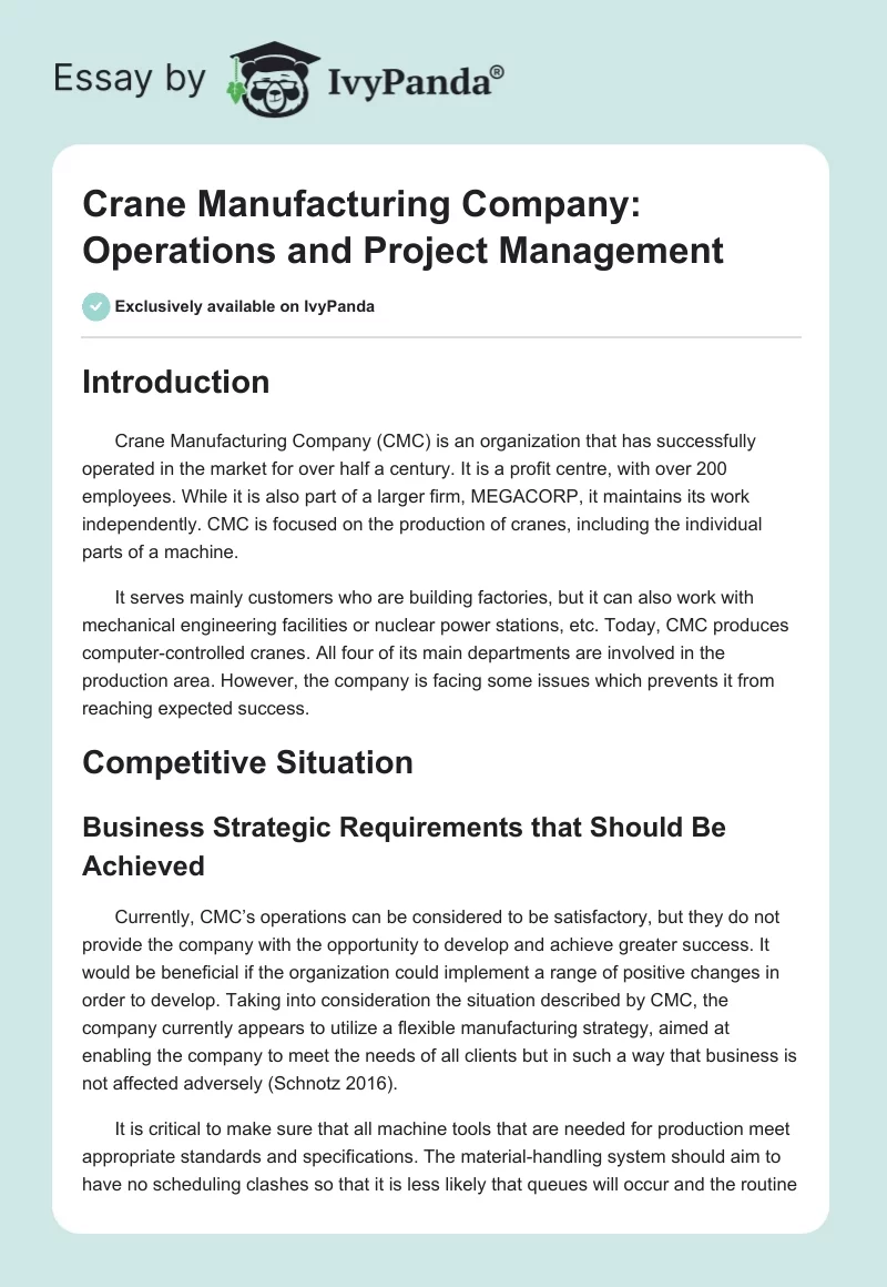 Crane Manufacturing Company: Operations and Project Management. Page 1