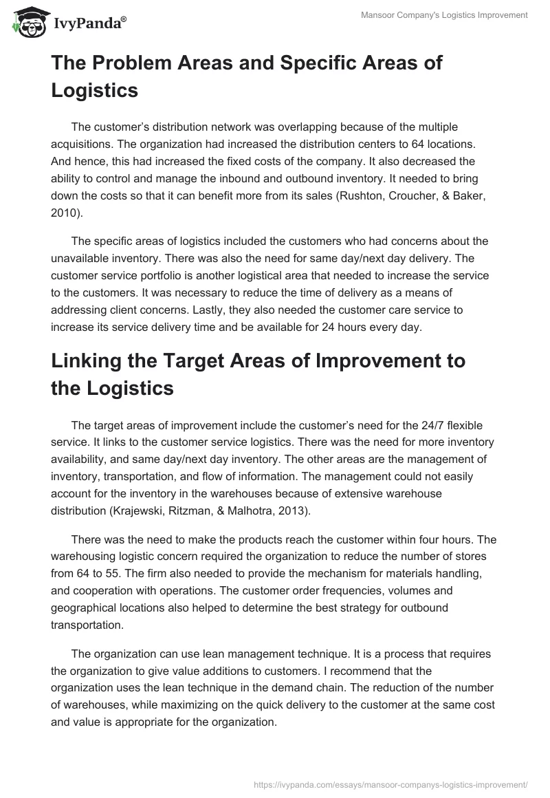 Mansoor Company's Logistics Improvement. Page 2