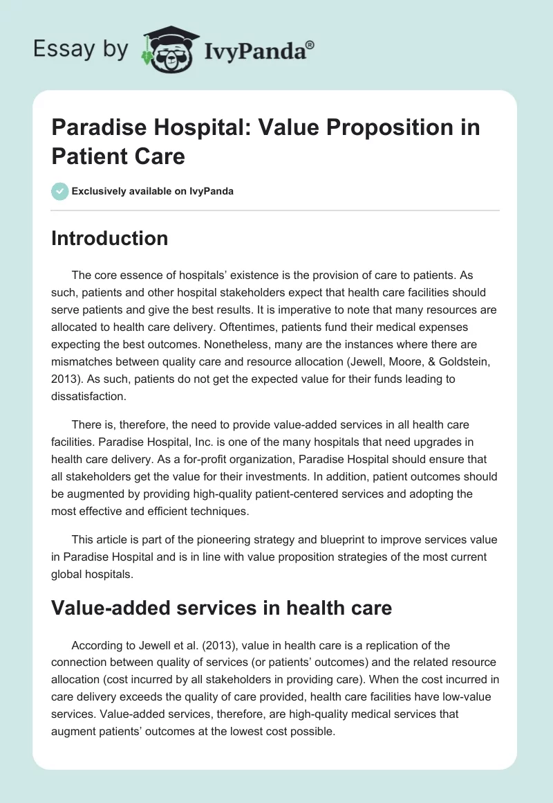 Paradise Hospital: Value Proposition in Patient Care. Page 1