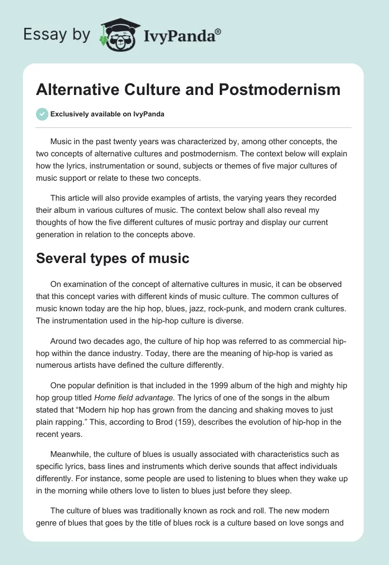 Alternative Culture and Postmodernism. Page 1