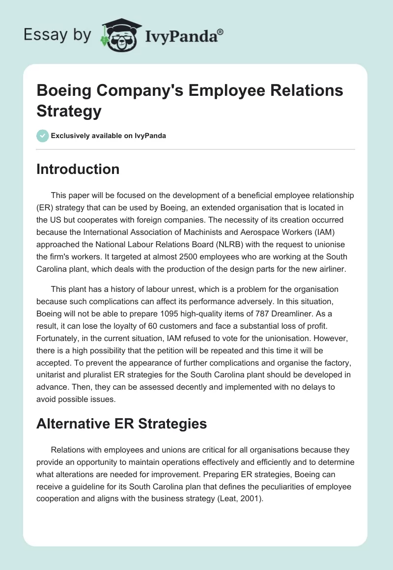 Boeing Company's Employee Relations Strategy. Page 1