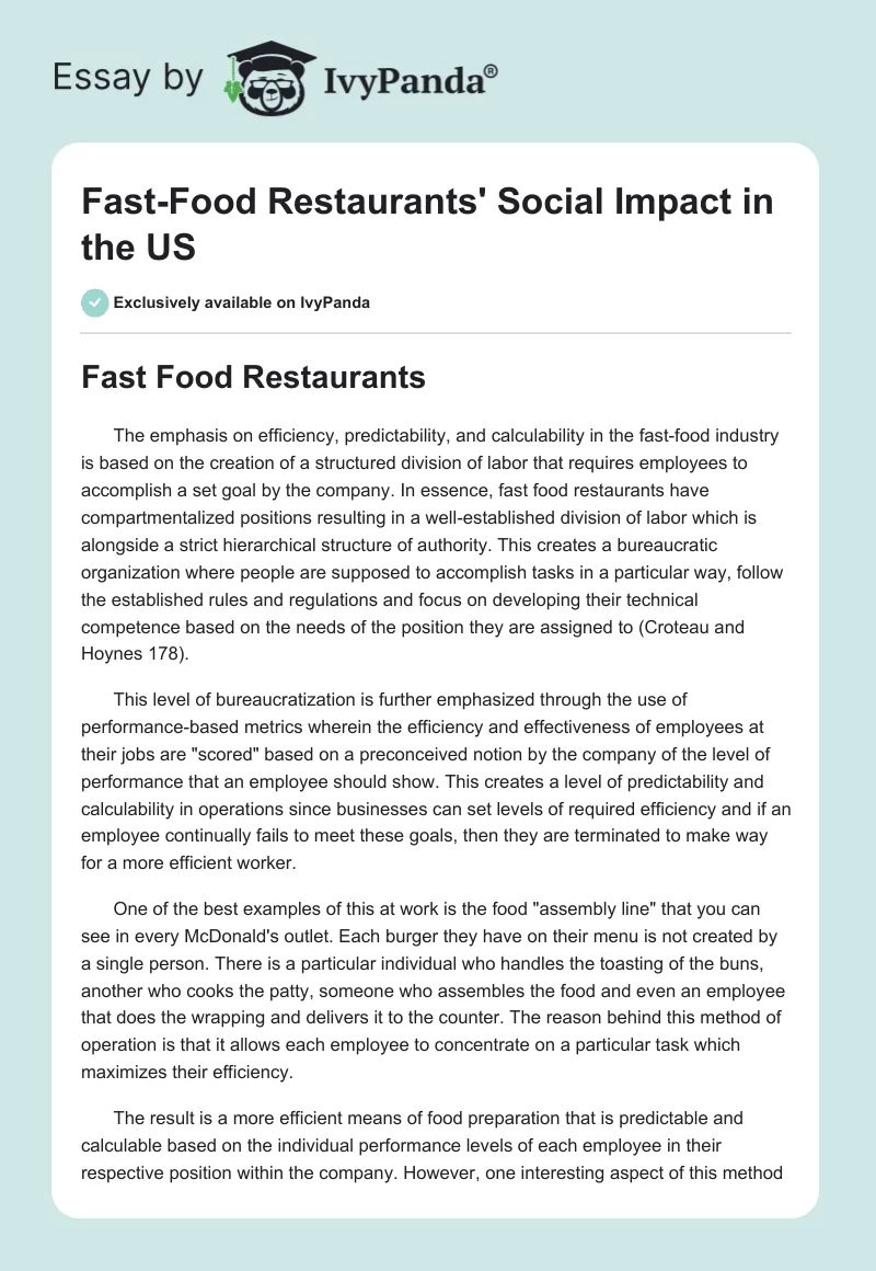 Fast-Food Restaurants’ Social Impact in the US. Page 1
