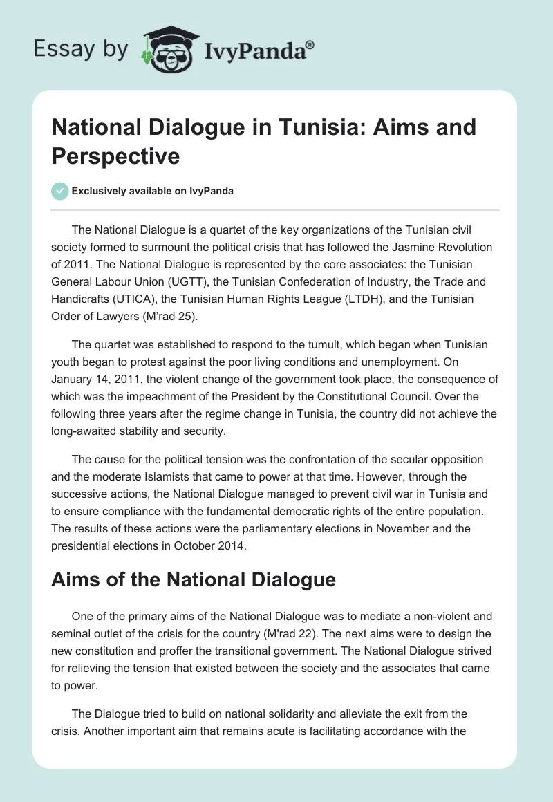 National Dialogue in Tunisia: Aims and Perspective. Page 1