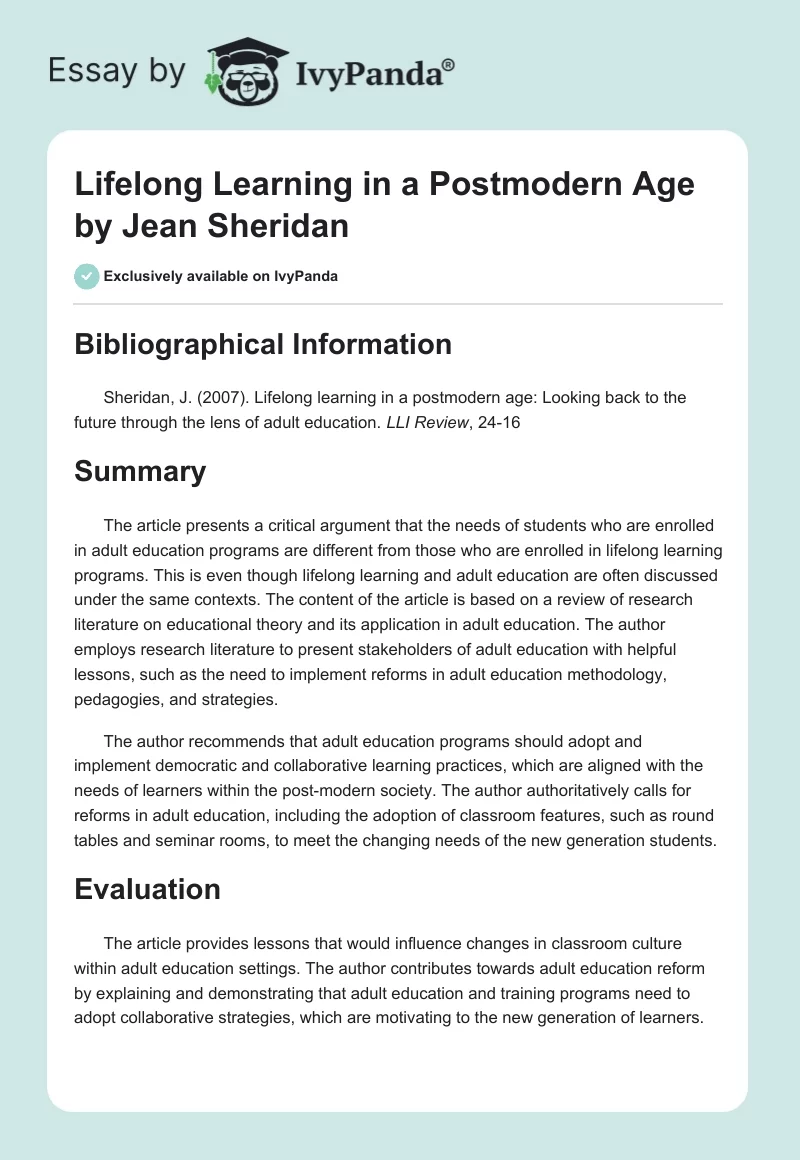 "Lifelong Learning in a Postmodern Age" by Jean Sheridan. Page 1