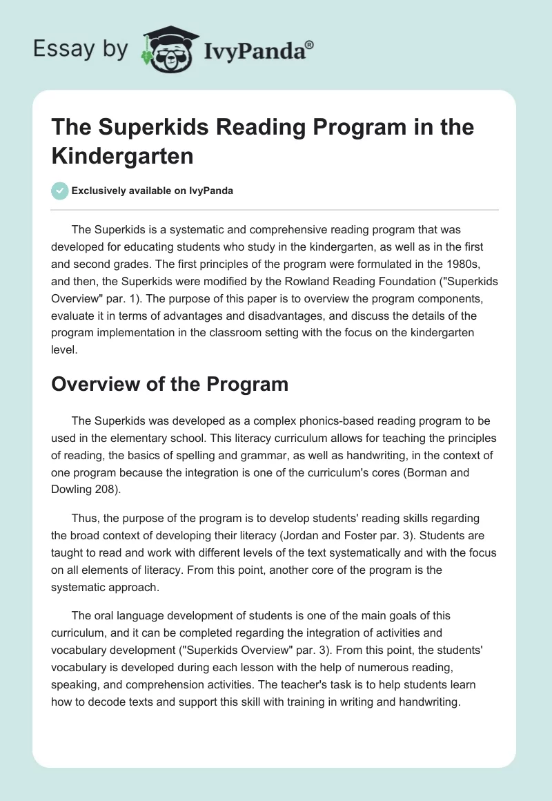 The Superkids Reading Program in the Kindergarten. Page 1