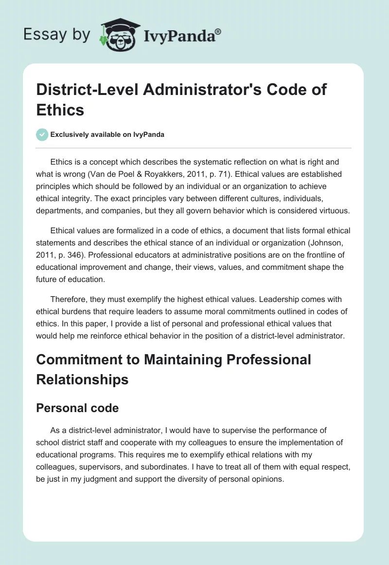 District-Level Administrator's Code of Ethics. Page 1