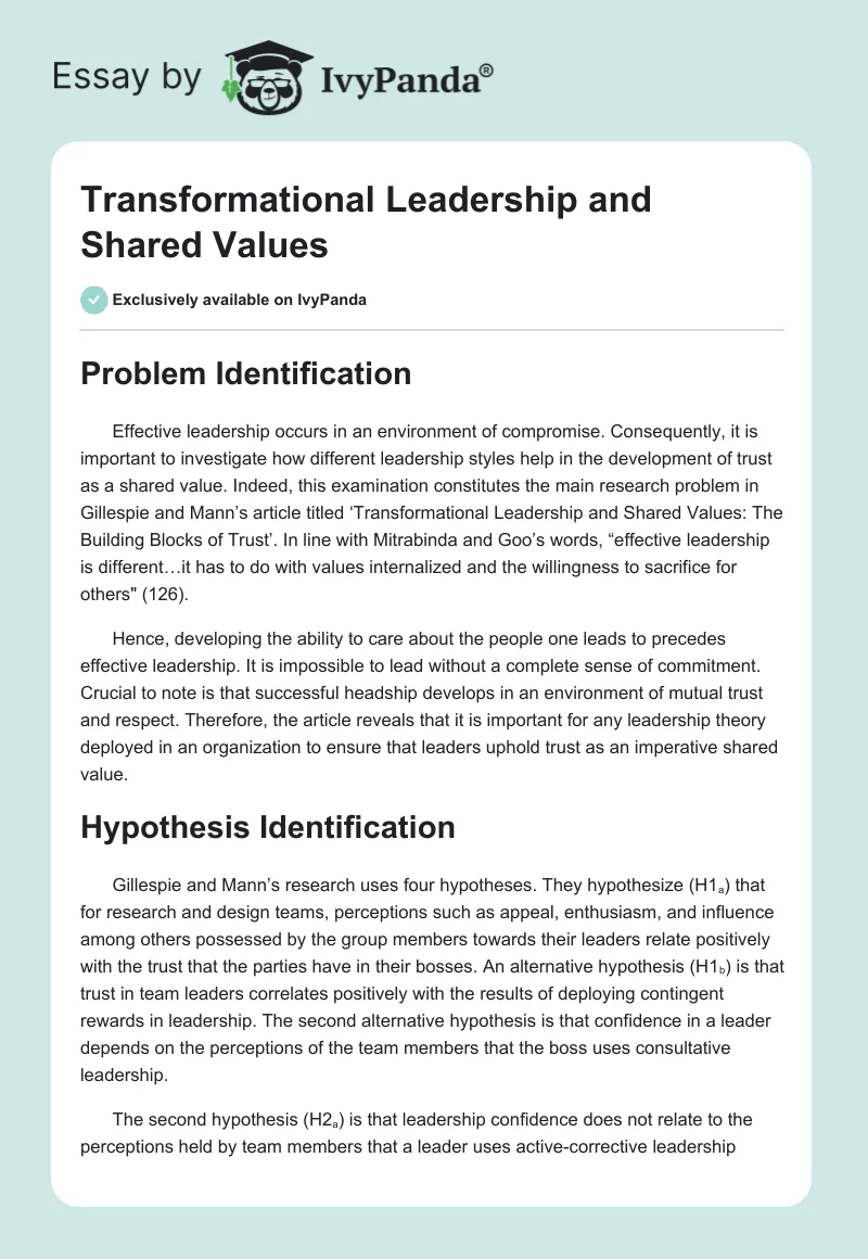 Transformational Leadership and Shared Values. Page 1