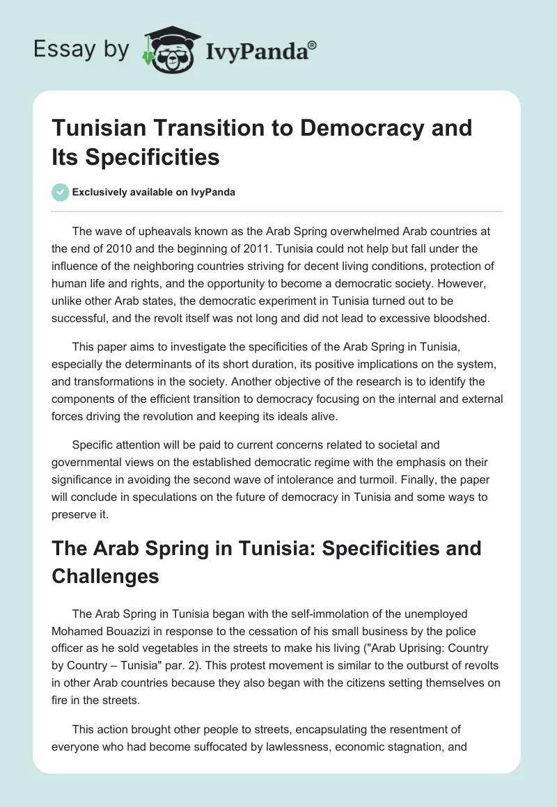 Tunisian Transition to Democracy and Its Specificities. Page 1