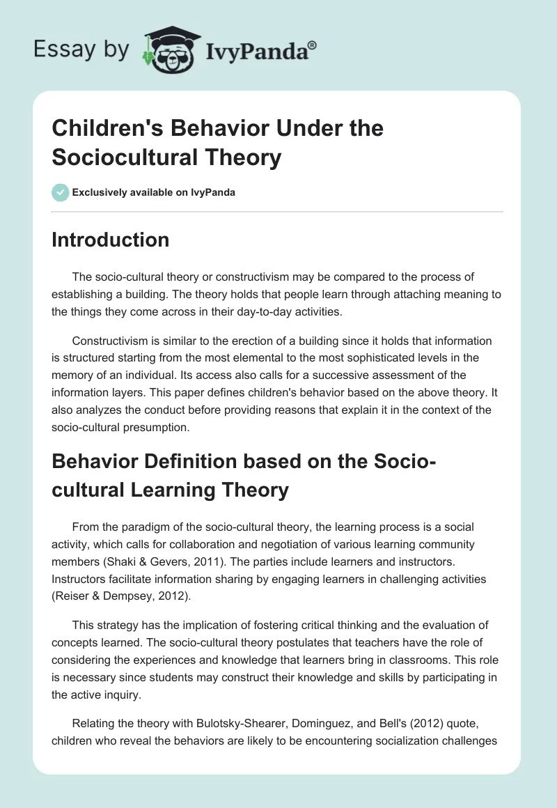 Children's Behavior Under the Sociocultural Theory. Page 1