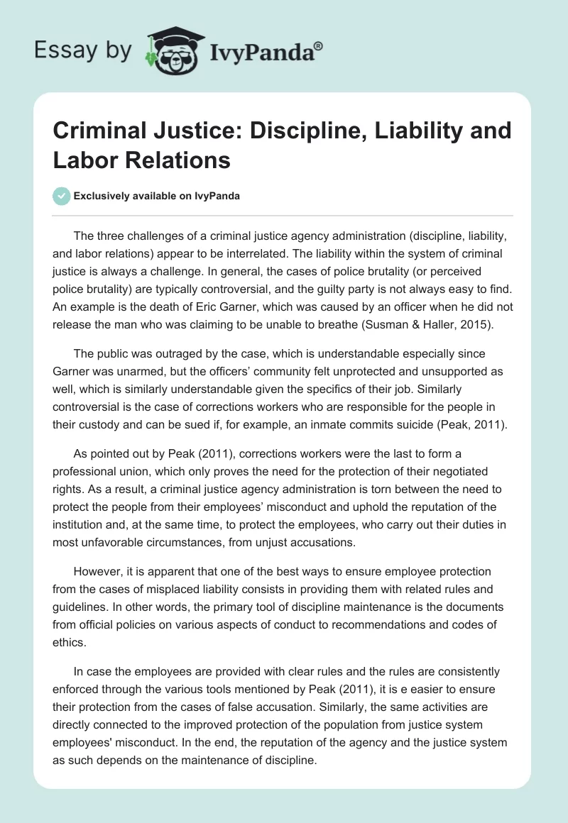 Criminal Justice: Discipline, Liability and Labor Relations. Page 1