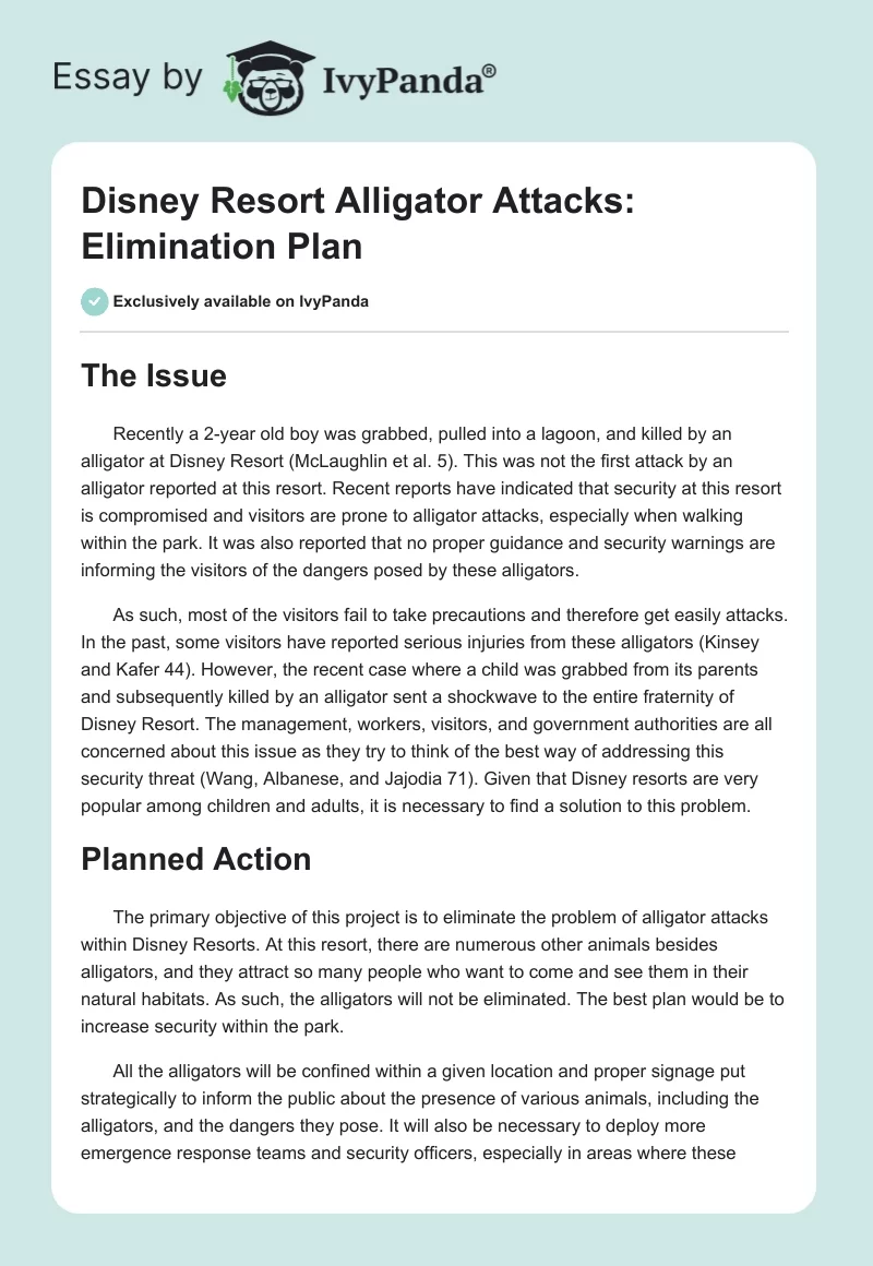 Disney Resort Alligator Attacks: Elimination Plan. Page 1