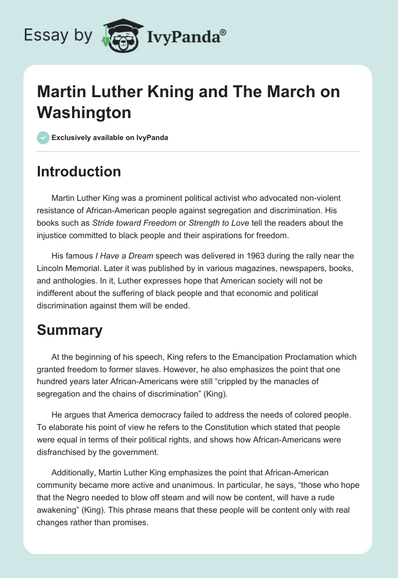 Martin Luther King and The March on Washington. Page 1