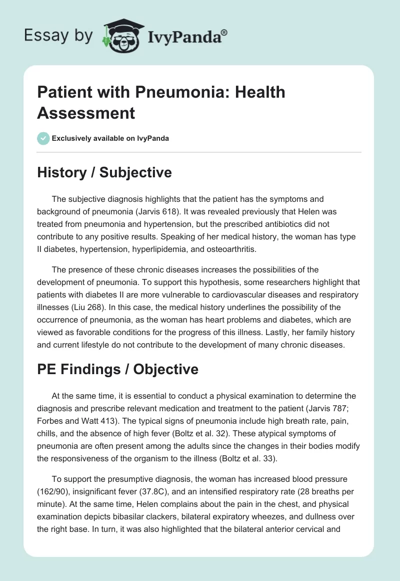 Patient With Pneumonia: Health Assessment. Page 1