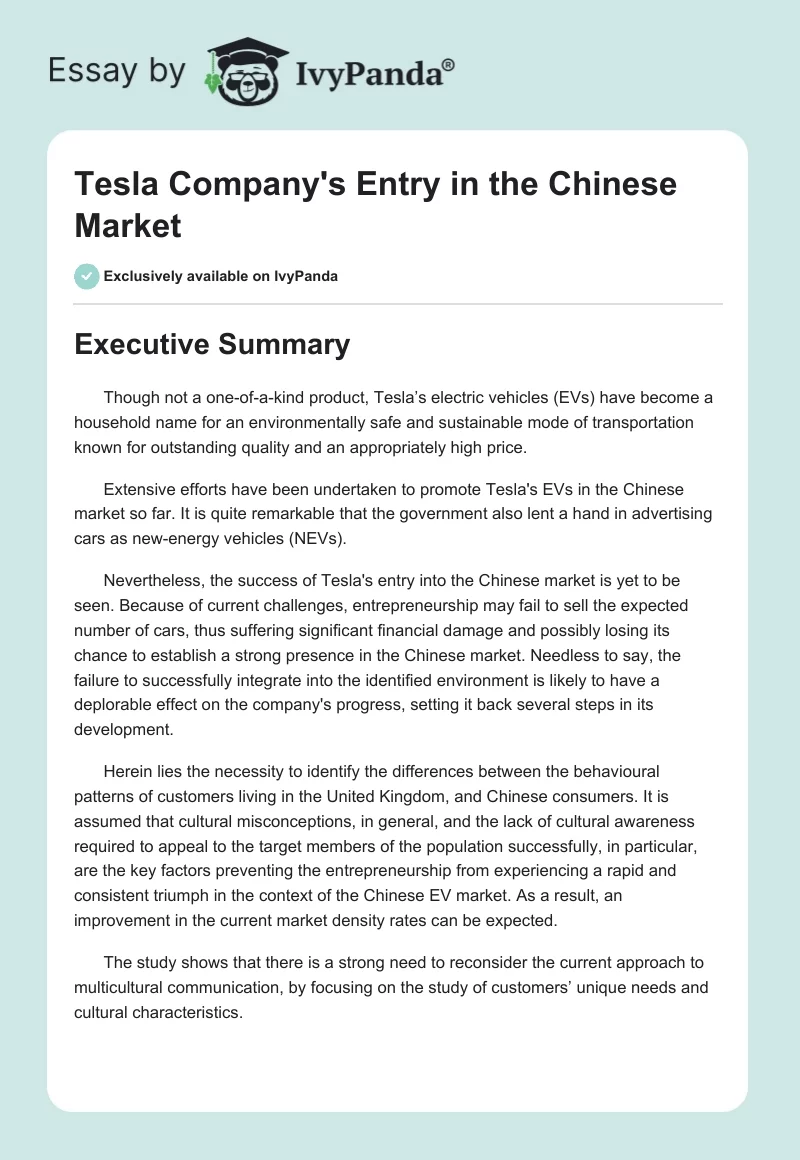 Tesla Company's Entry in the Chinese Market. Page 1