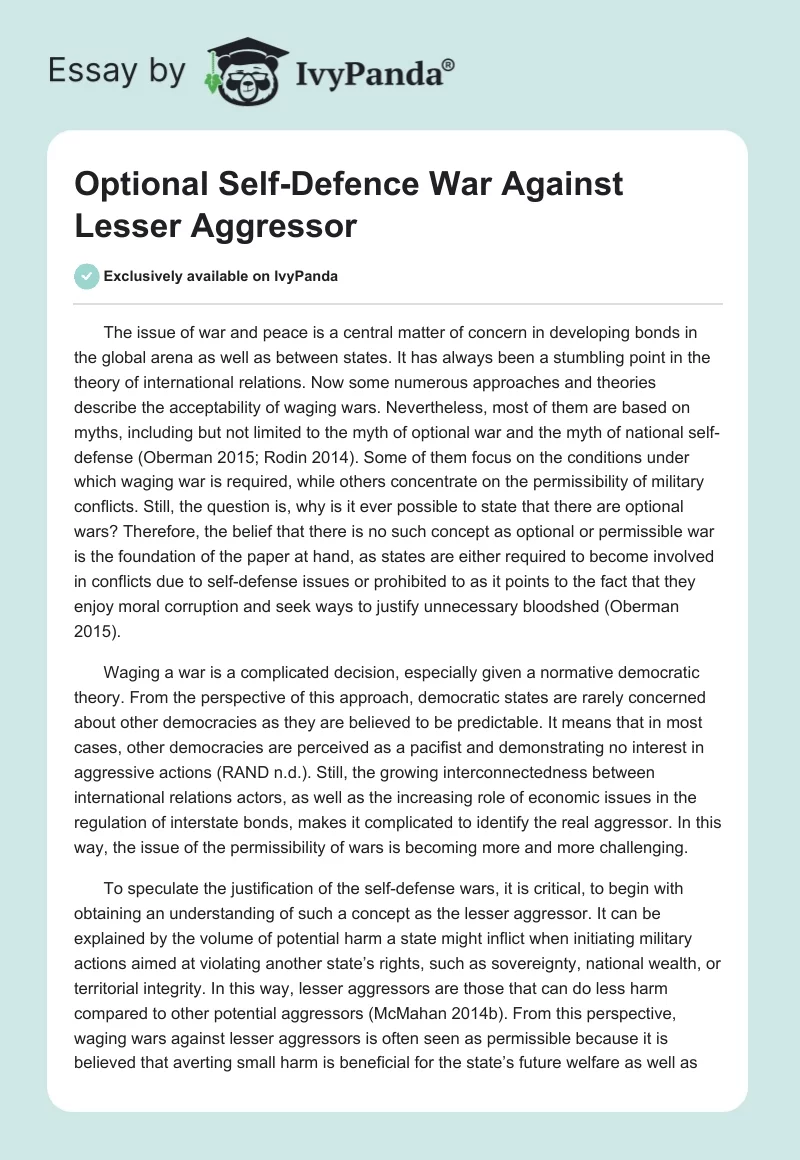 Optional Self-Defence War Against Lesser Aggressor. Page 1