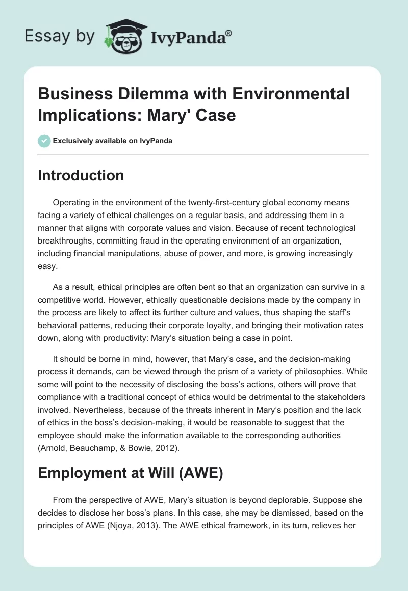 Business Dilemma with Environmental Implications: Mary' Case. Page 1