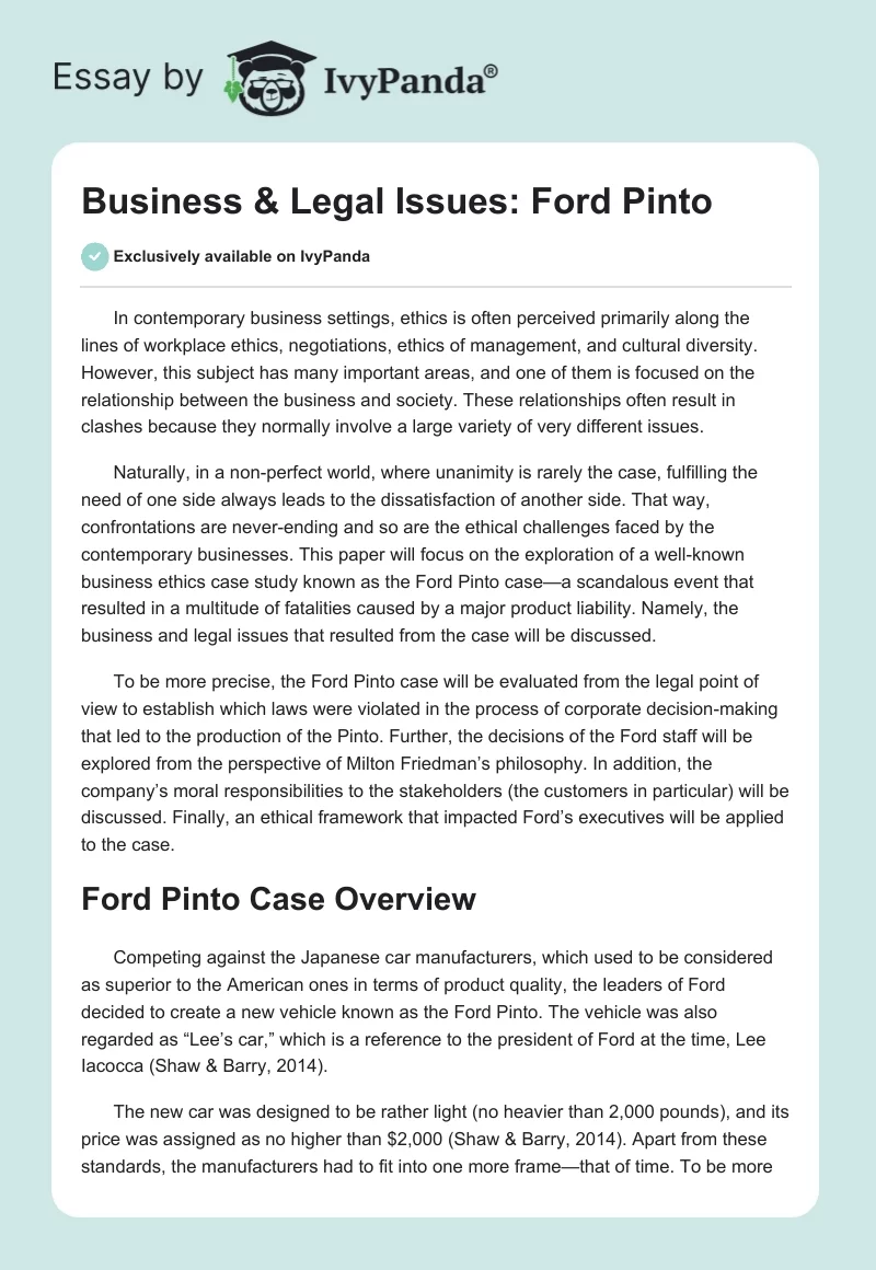 Business & Legal Issues: Ford Pinto. Page 1