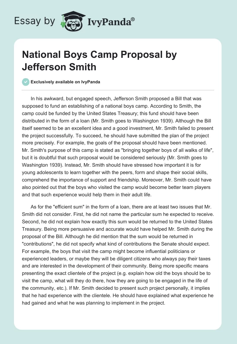 National Boys Camp Proposal by Jefferson Smith. Page 1