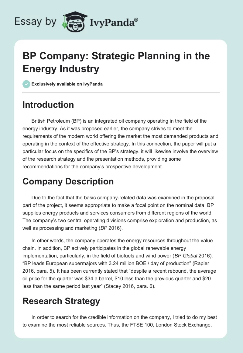 BP Company: Strategic Planning in the Energy Industry. Page 1