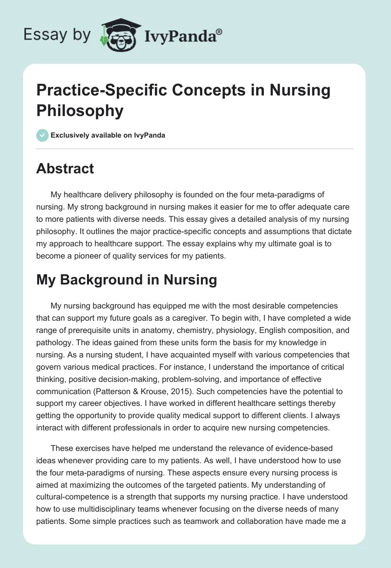 Practice-Specific Concepts in Nursing Philosophy. Page 1