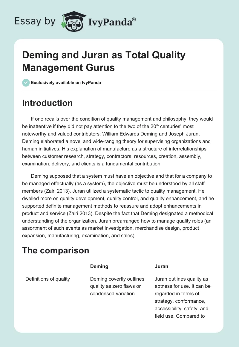 Deming and Juran as Total Quality Management Gurus. Page 1