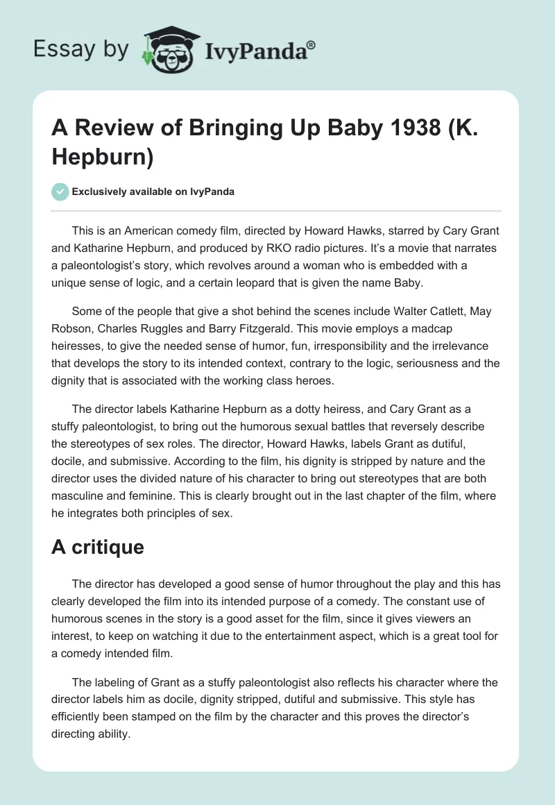A Review of Bringing Up Baby 1938 (K. Hepburn). Page 1