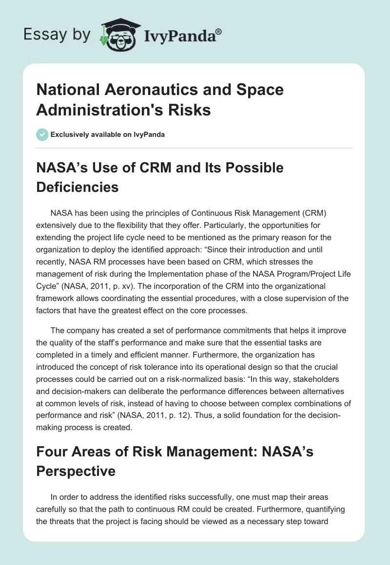 National Aeronautics and Space Administration's Risks. Page 1