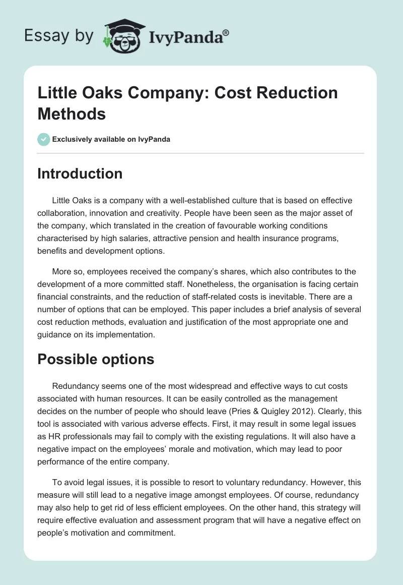 Little Oaks Company: Cost Reduction Methods. Page 1