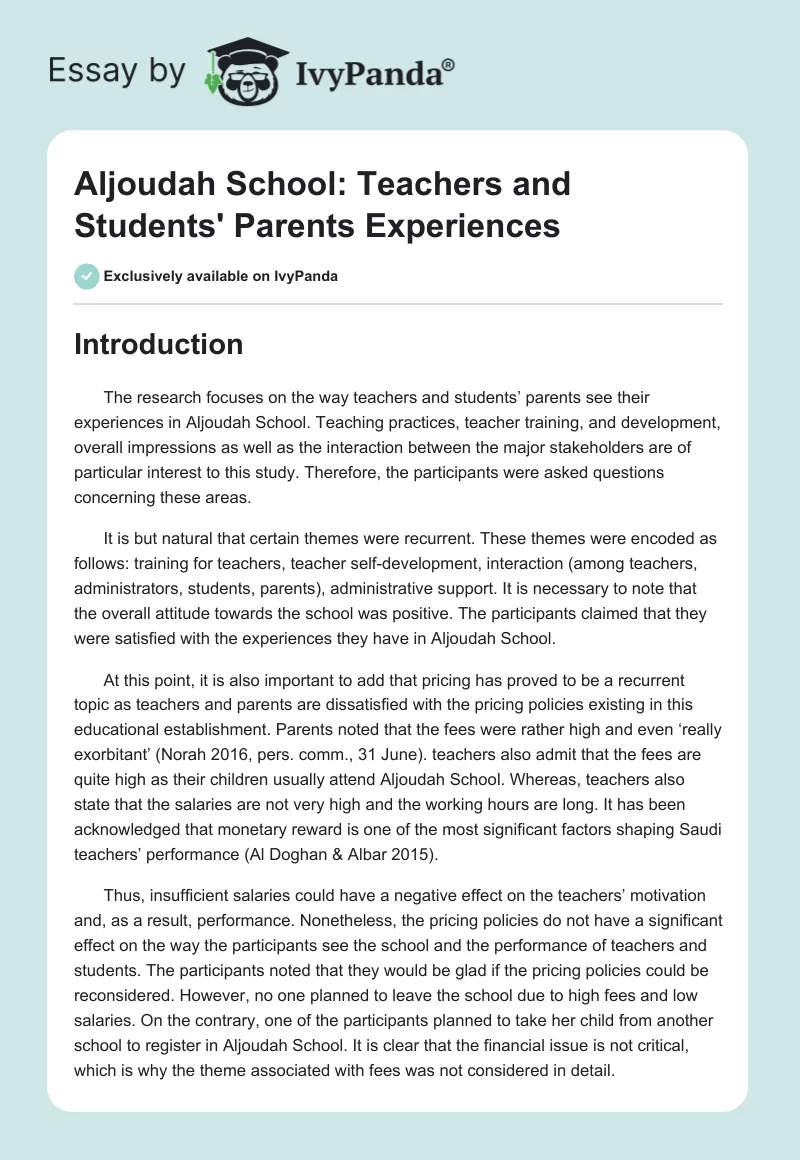 Aljoudah School: Teachers and Students' Parents Experiences. Page 1