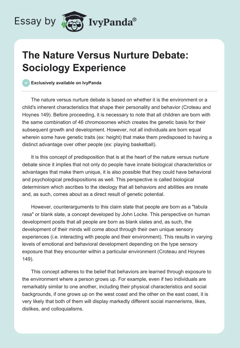 The Nature Versus Nurture Debate: Sociology Experience. Page 1