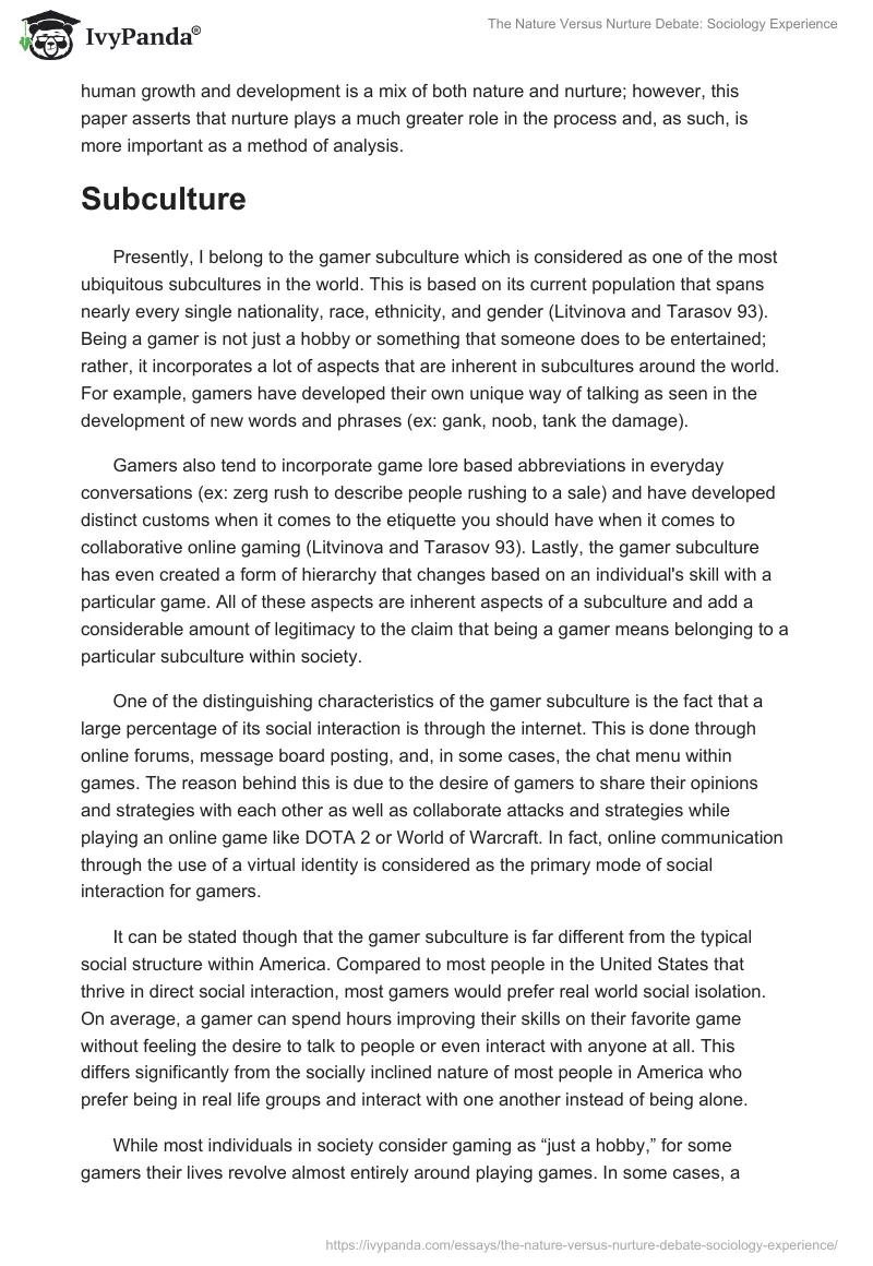 The Nature Versus Nurture Debate: Sociology Experience. Page 3