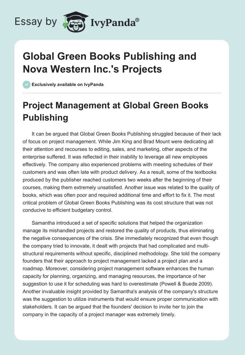 Global Green Books Publishing and Nova Western Inc.'s Projects. Page 1