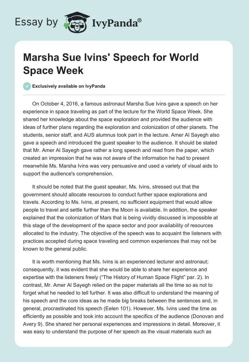 Marsha Sue Ivins' Speech for World Space Week. Page 1