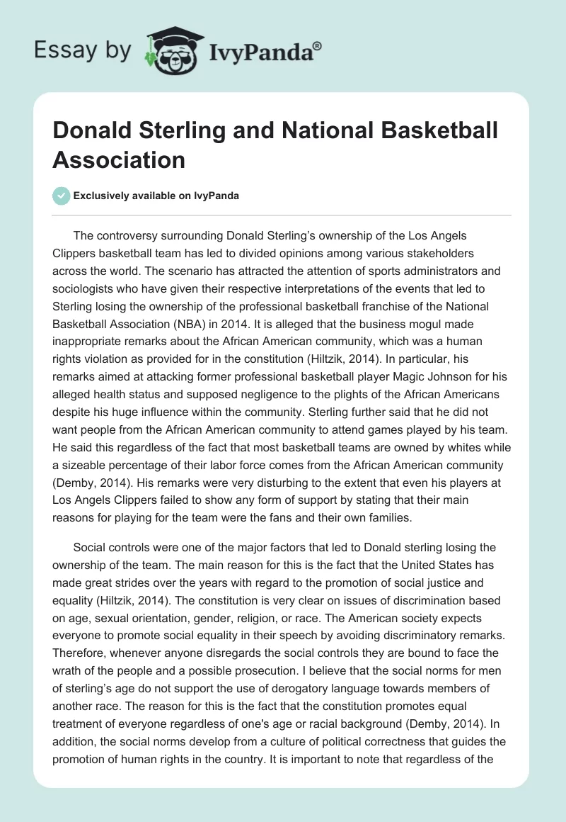 Donald Sterling and National Basketball Association. Page 1