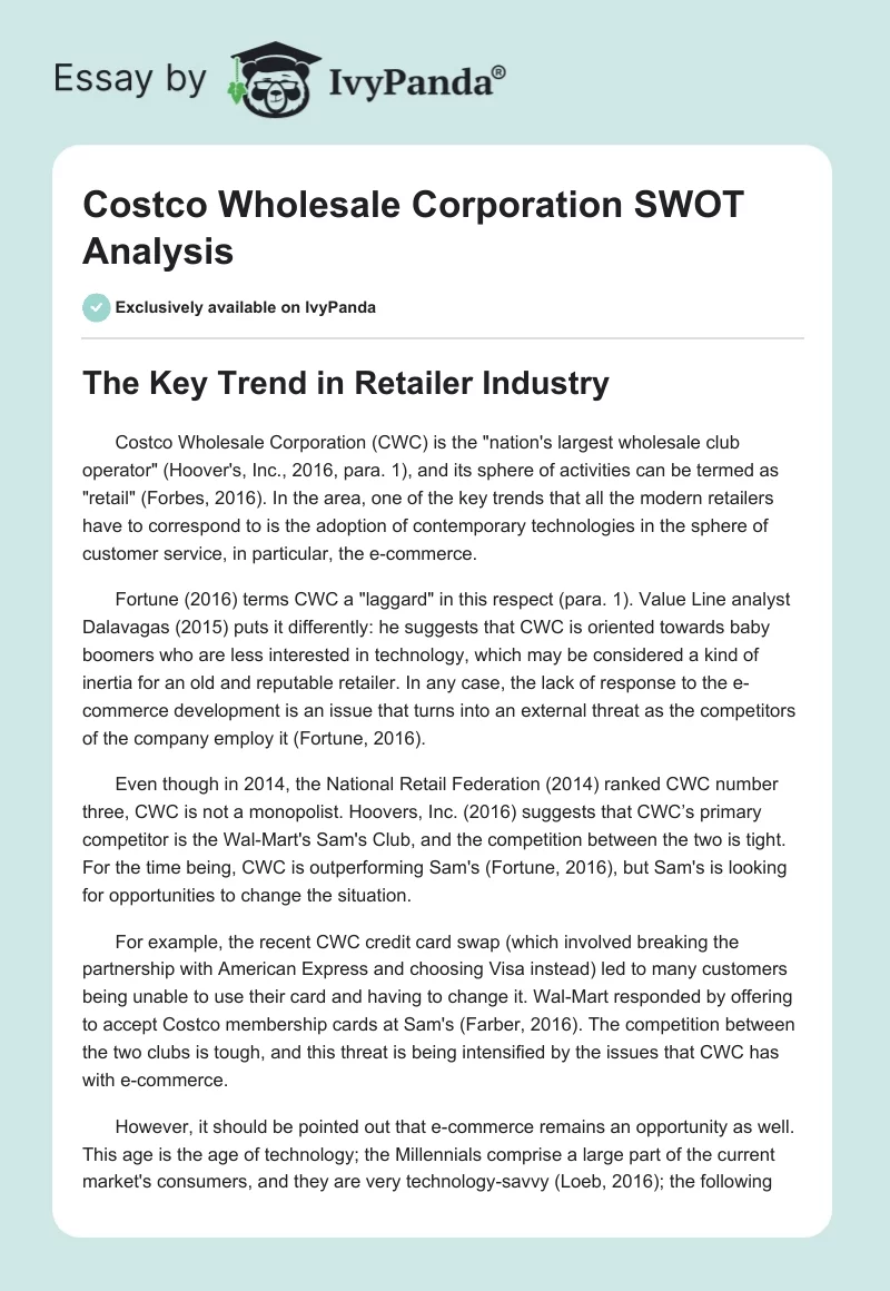 Costco Wholesale Corporation SWOT Analysis. Page 1