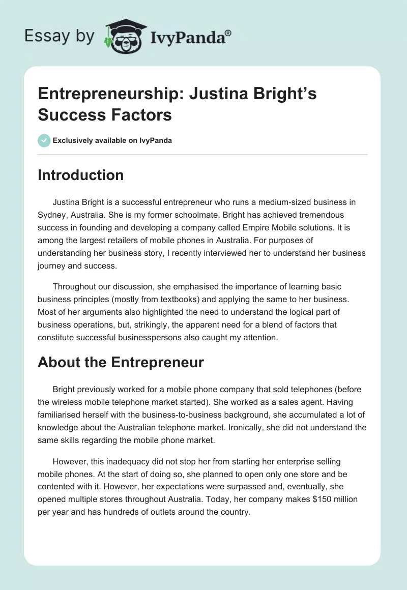 Entrepreneurship: Justina Bright’s Success Factors. Page 1