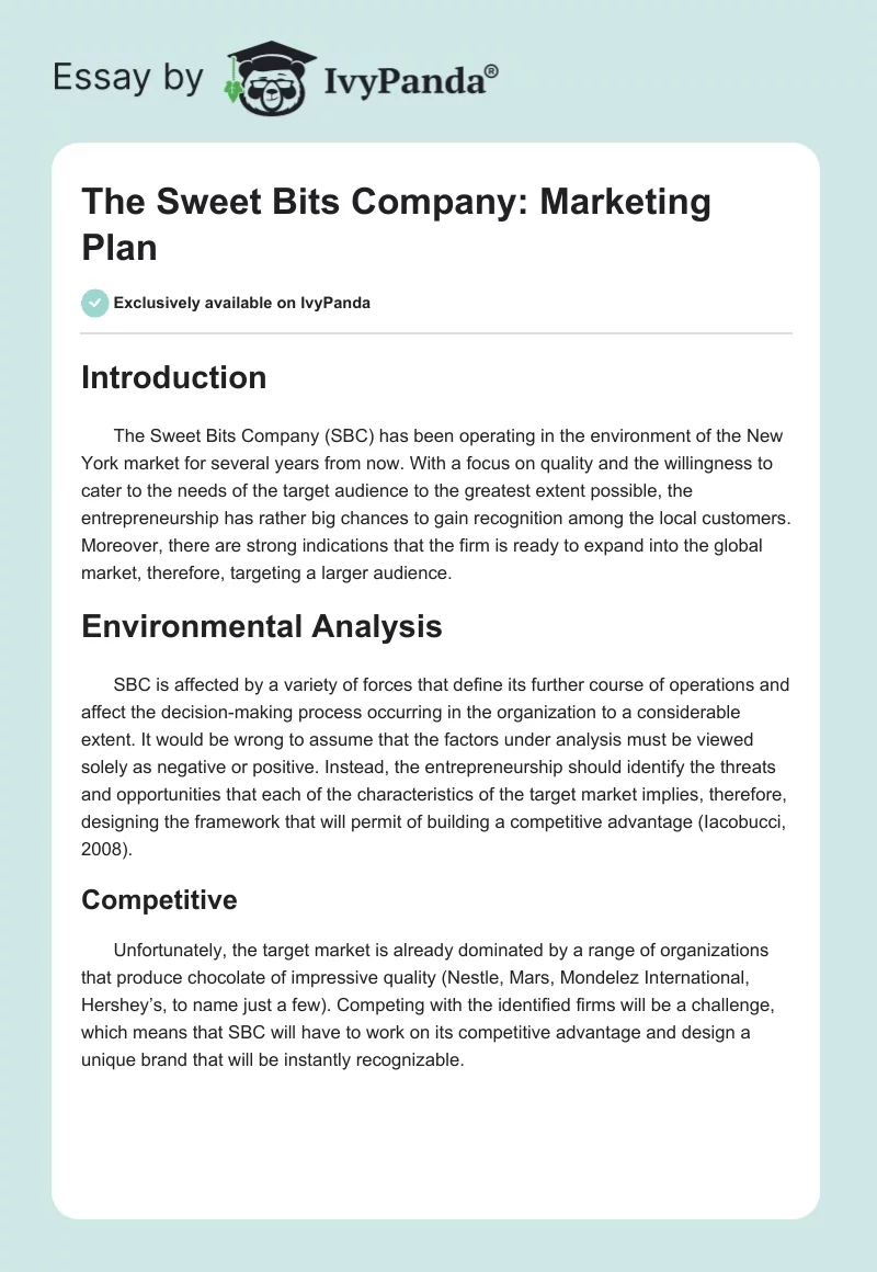The Sweet Bits Company: Marketing Plan. Page 1