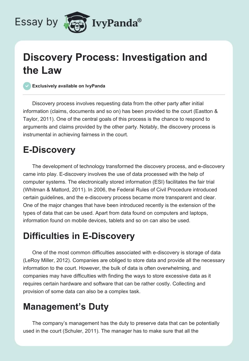 Discovery Process: Investigation and the Law. Page 1