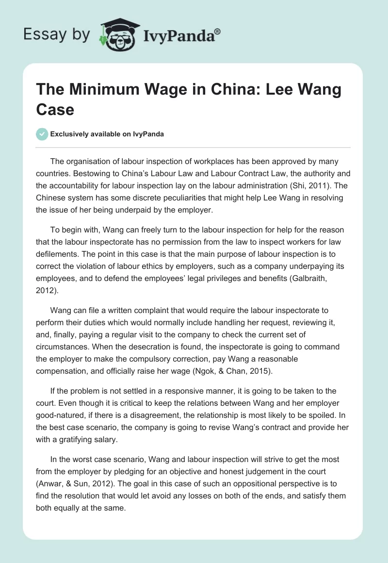 The Minimum Wage in China: Lee Wang Case. Page 1