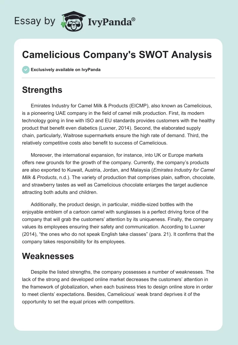 Camelicious Company's SWOT Analysis. Page 1