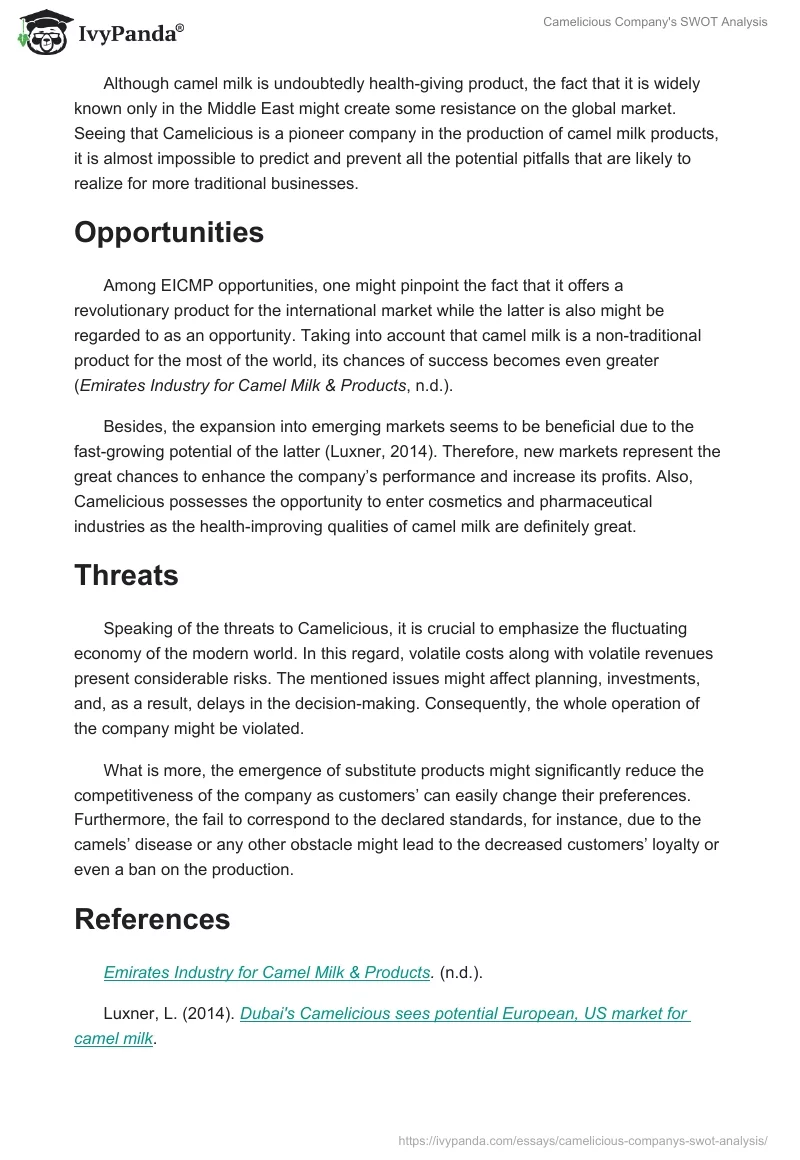 Camelicious Company's SWOT Analysis. Page 2