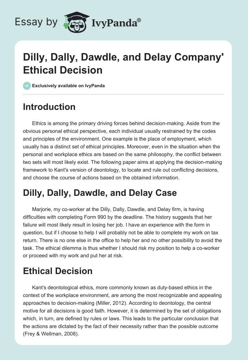Dilly, Dally, Dawdle, and Delay Company' Ethical Decision. Page 1