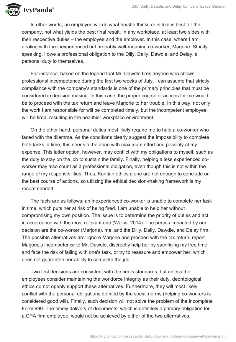 Dilly, Dally, Dawdle, and Delay Company' Ethical Decision. Page 2