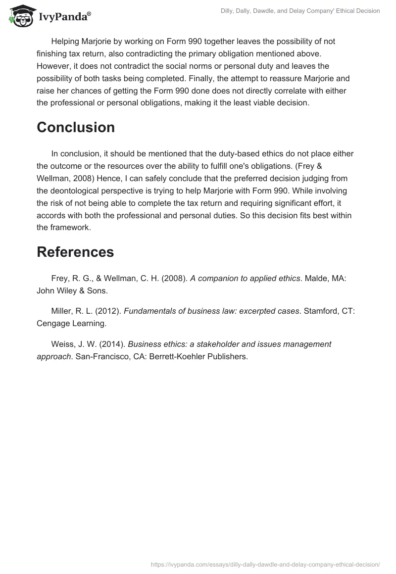 Dilly, Dally, Dawdle, and Delay Company' Ethical Decision. Page 3