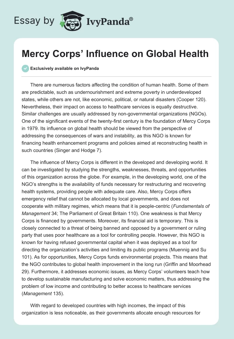 Mercy Corps’ Influence on Global Health. Page 1