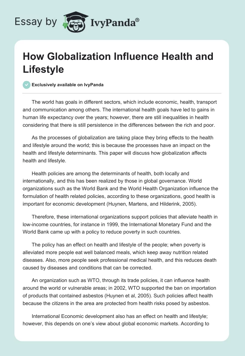 How Globalization Influence Health and Lifestyle. Page 1