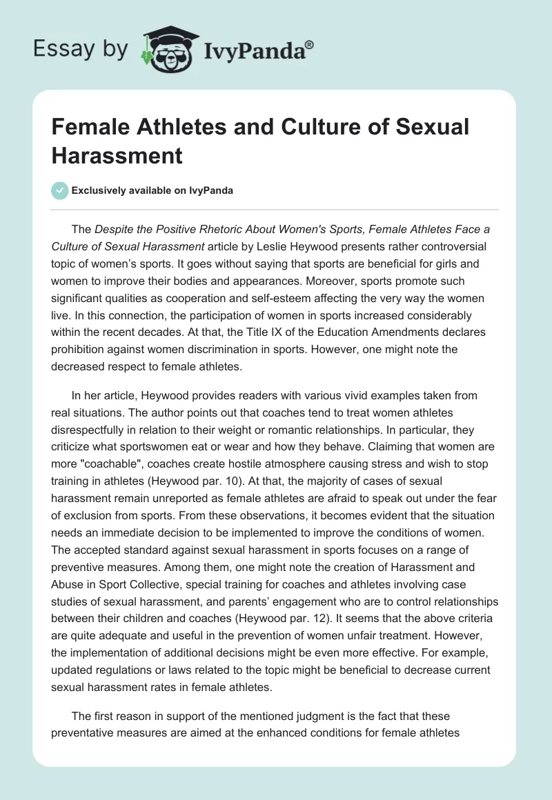 Female Athletes and Culture of Sexual Harassment. Page 1