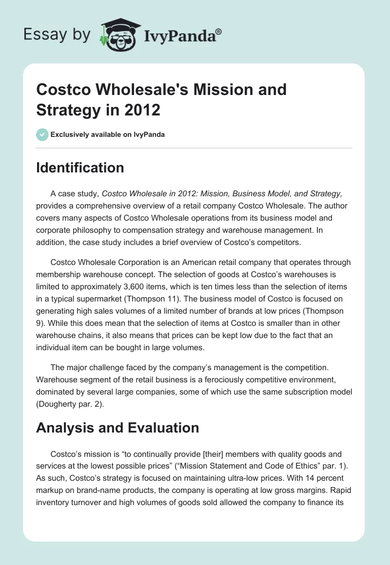 Costco Wholesale's Mission and Strategy in 2012. Page 1